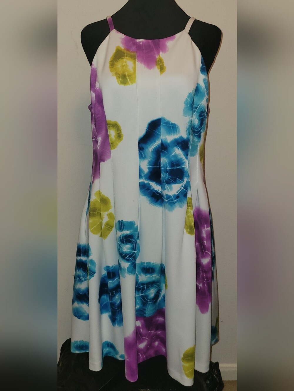 Calvin Klein White A-Line Dress with Blue, Purple & Yellow Floral Prints